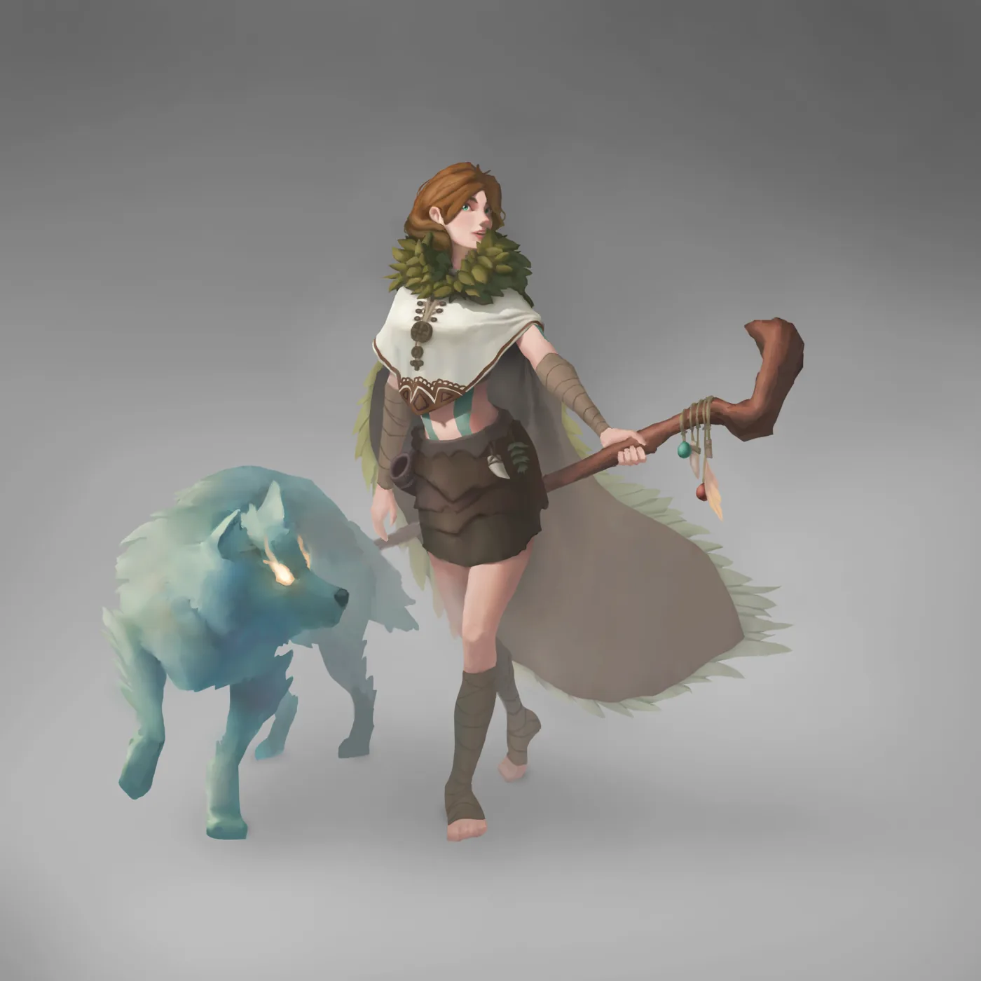 Digital illustration of a single robed figure walking with a spirit wolf, by Guilherme Peixoto, before the program