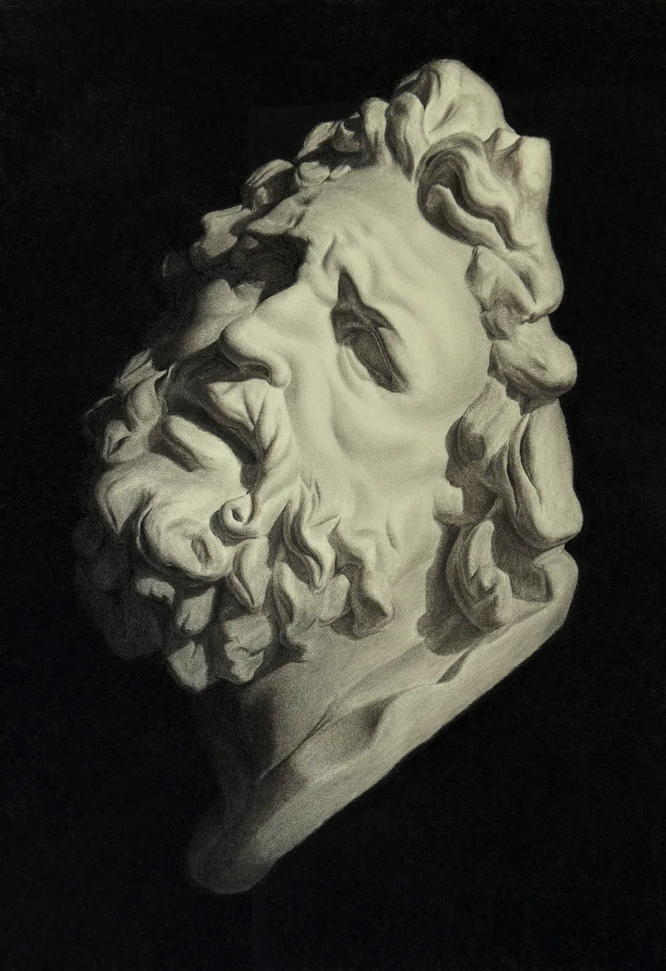 Charcoal cast drawing of a bearded classical head on a black ground, by Kirsten Griffiths