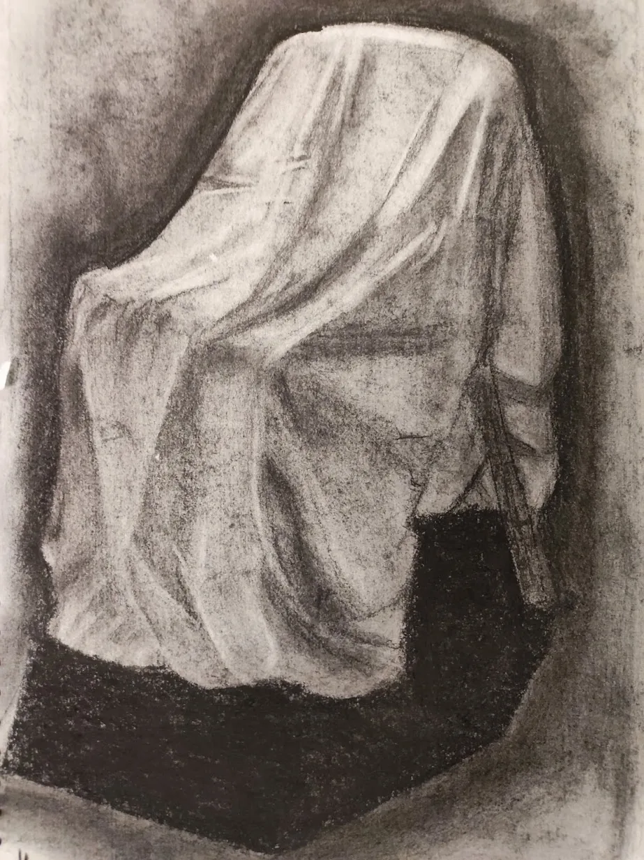 Charcoal study of draped cloth over a chair, by Kris Verjans, before the program