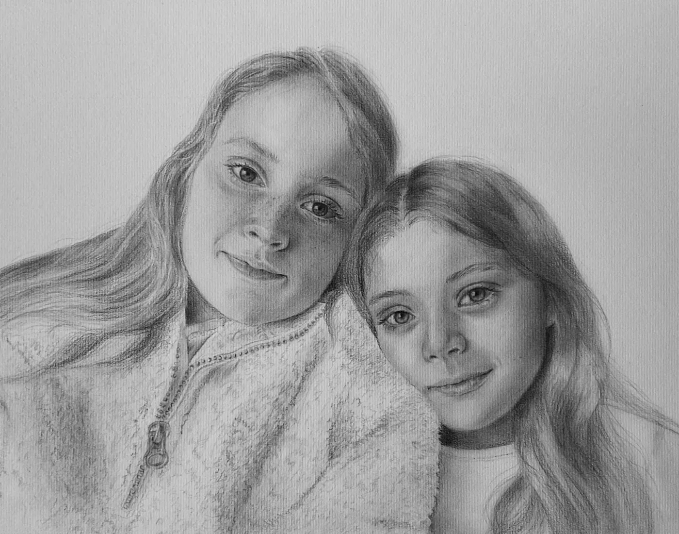 Graphite double portrait of two young girls, by Amy Lilley