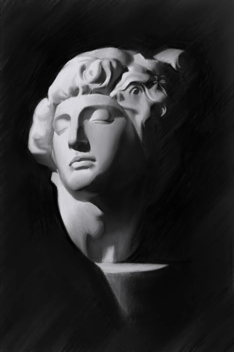 Charcoal drawing of a plaster cast head tilted back against a black ground, by Chloe Anne Cheng