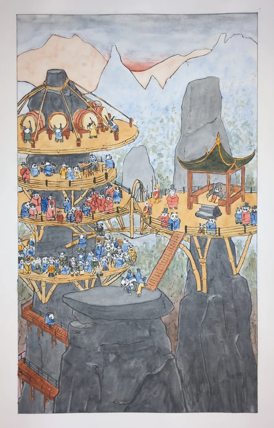 Ink and watercolour drawing of a village of stilted wooden platforms built into a cliff, by Daniel Kent