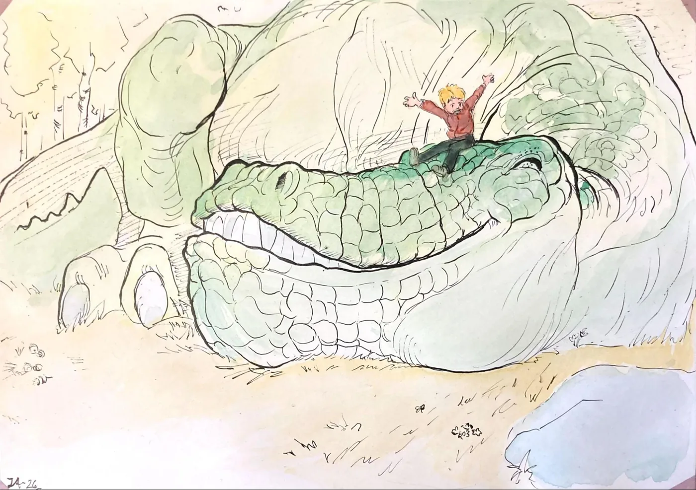 Watercolour of a small child climbing on the snout of a giant smiling crocodile, by Jesper Axelsson