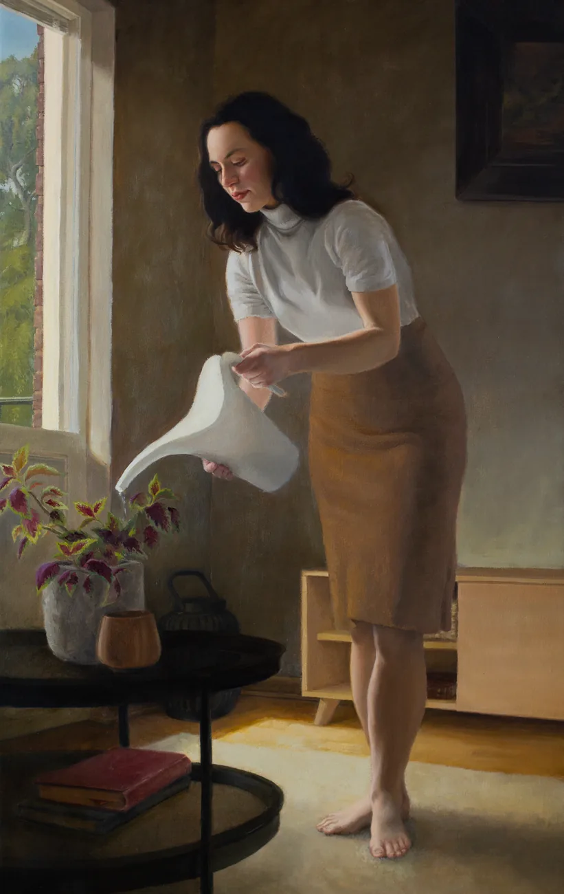 Oil painting of a woman watering a plant in a sunlit interior, by Tom Bernardes