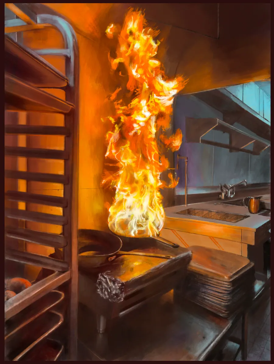 Digital painting of a commercial kitchen with a tall column of flame leaping from a burner on the range, stainless steel racks and pans crowding the background.