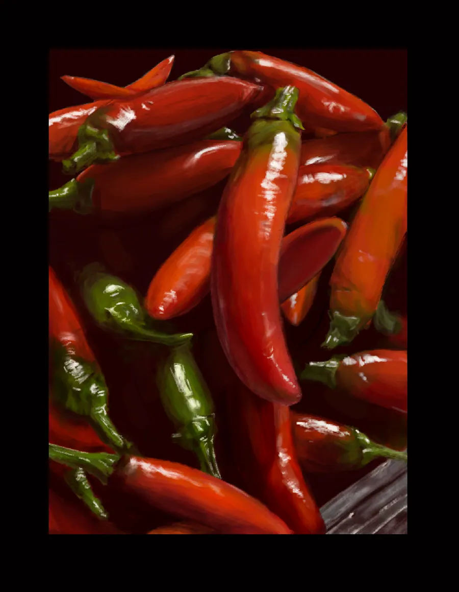 Digital still life of a heaped pile of red and green chilli peppers with curling stems, lit against a black ground.