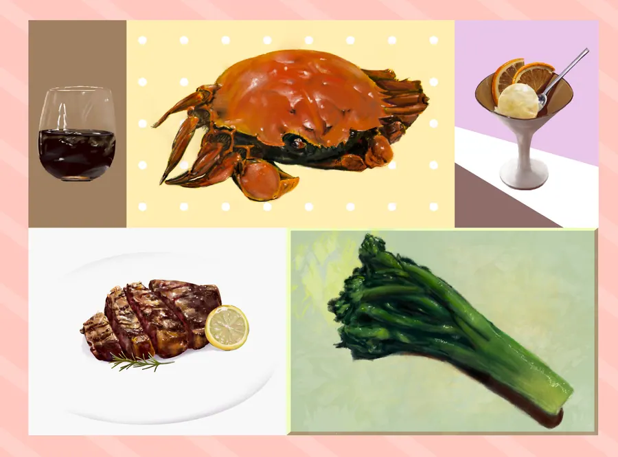 Digital collage of five food panels on a pink border: a glass of red wine, a whole cooked crab, an ice cream sundae, a plated steak with lemon, and a bundle of Chinese broccoli.