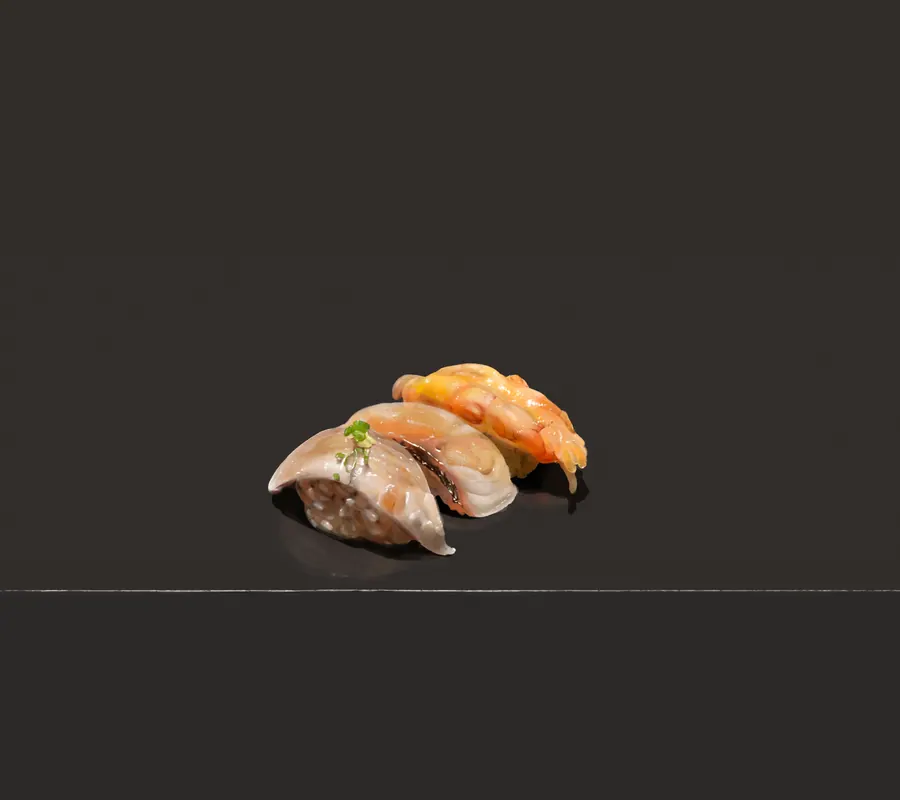 Digital painting of three pieces of nigiri sushi, shrimp, mackerel, and white fish, sitting on a dark reflective surface.