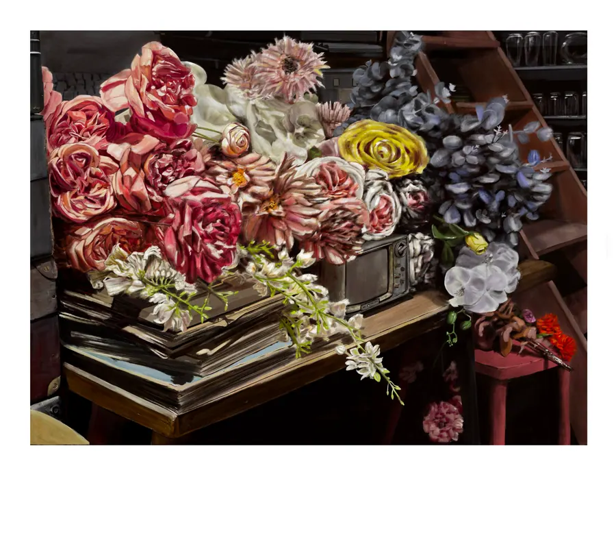 Digital painting of a dense arrangement of fabric flowers, pink roses, dahlias, a yellow rose and blue hydrangeas, banked across a cluttered wooden table.
