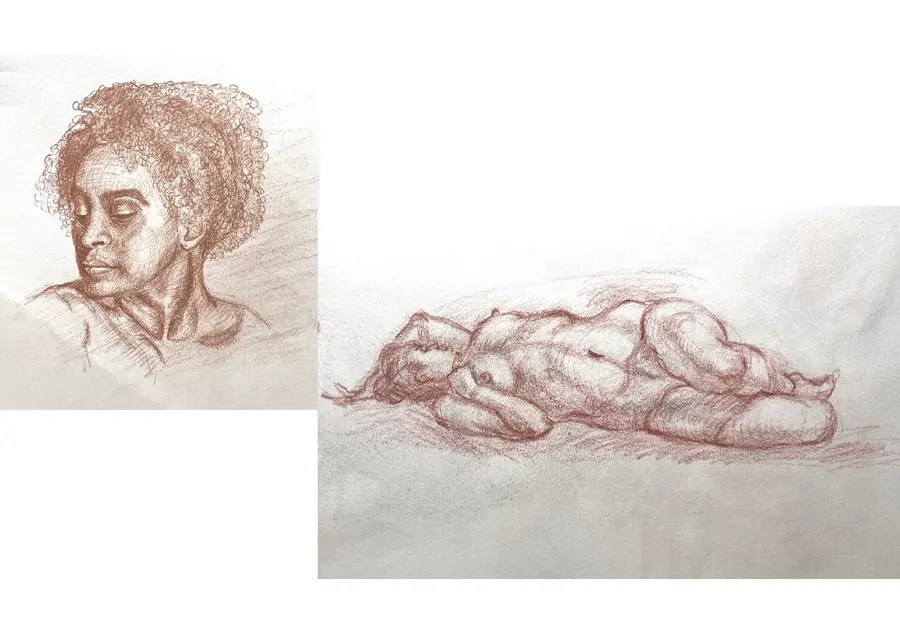 Two red chalk studies: a head and shoulders portrait of a person with cropped curly hair, and a reclining nude figure drawn in loose contour.