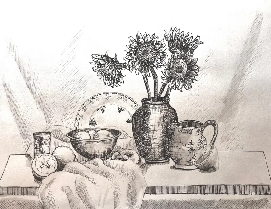 Dip pen still life of sunflowers in a patterned ceramic vase, with a decorated plate, a bowl of eggs, and a pitcher on a draped table.