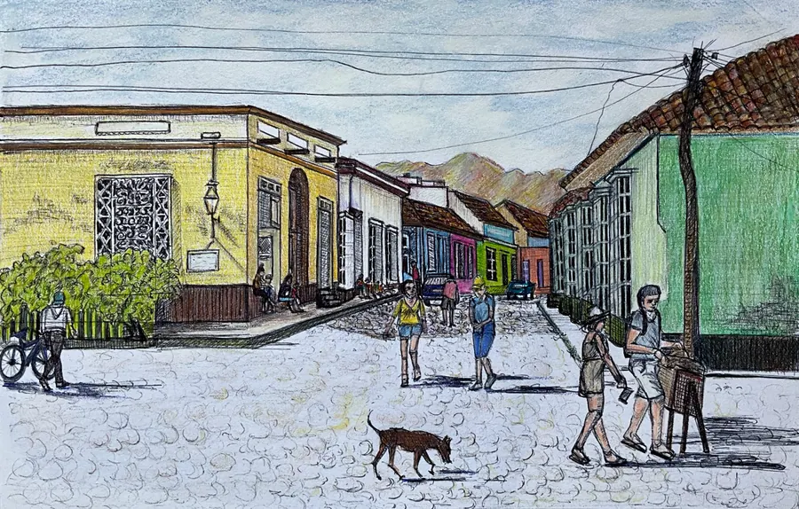 Coloured street scene of a village lane lined with yellow and green houses, with people walking, a dog crossing, and hills in the distance.