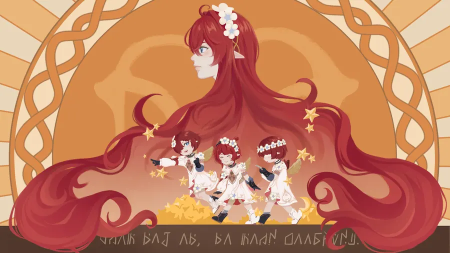 Digital banner illustration of a woman whose long red hair sweeps across the whole frame, with small chibi figures gathered below a knotwork arch.