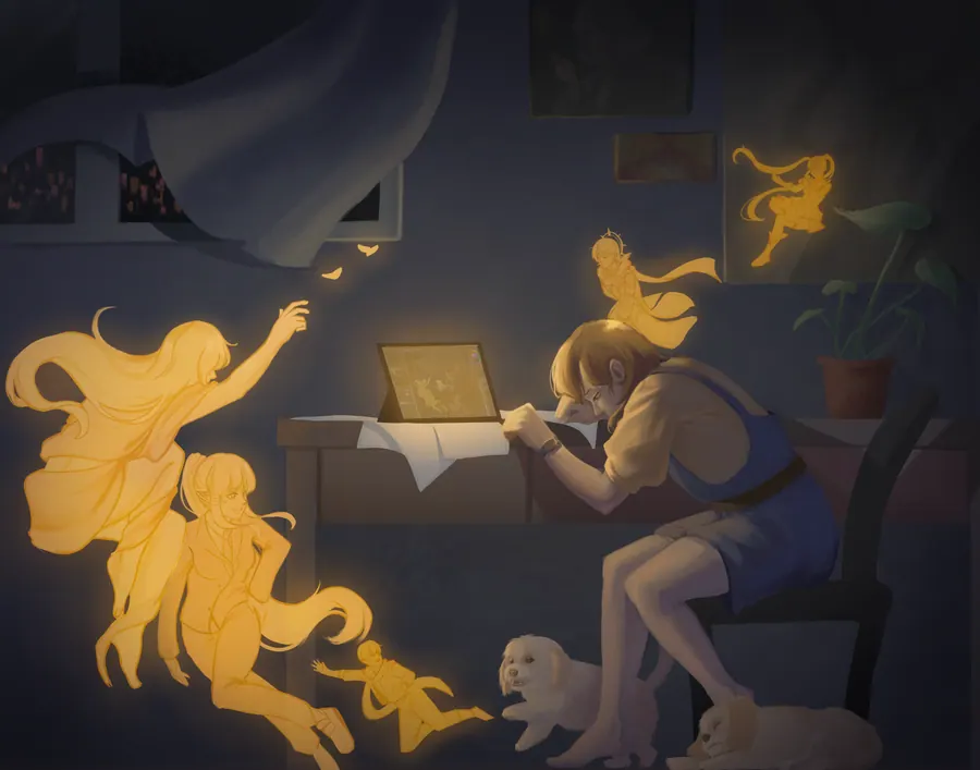 Digital night interior of a person working at a glowing laptop while golden spirit figures stream out of the screen and drift around the room.