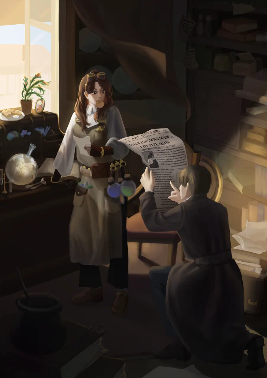 Digital painting of a woman in an apron standing behind an apothecary counter with a crystal ball and scrolls, facing a hooded customer.
