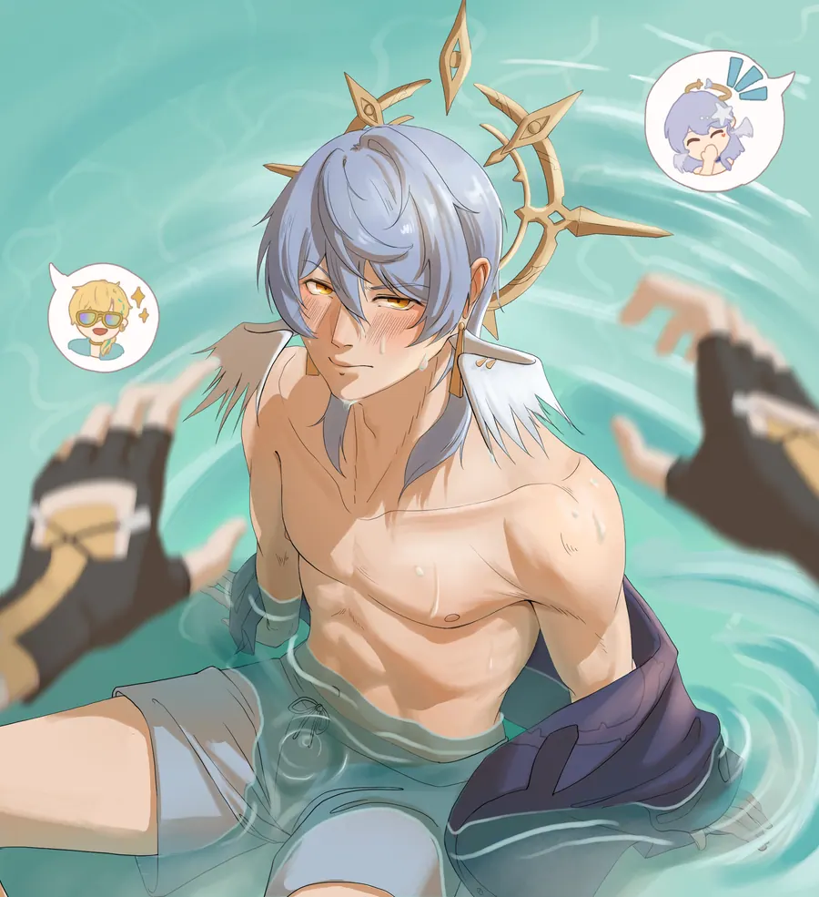 Digital illustration of a pale-blue-haired character resting in shallow turquoise water, with small chibi thought bubbles floating above.