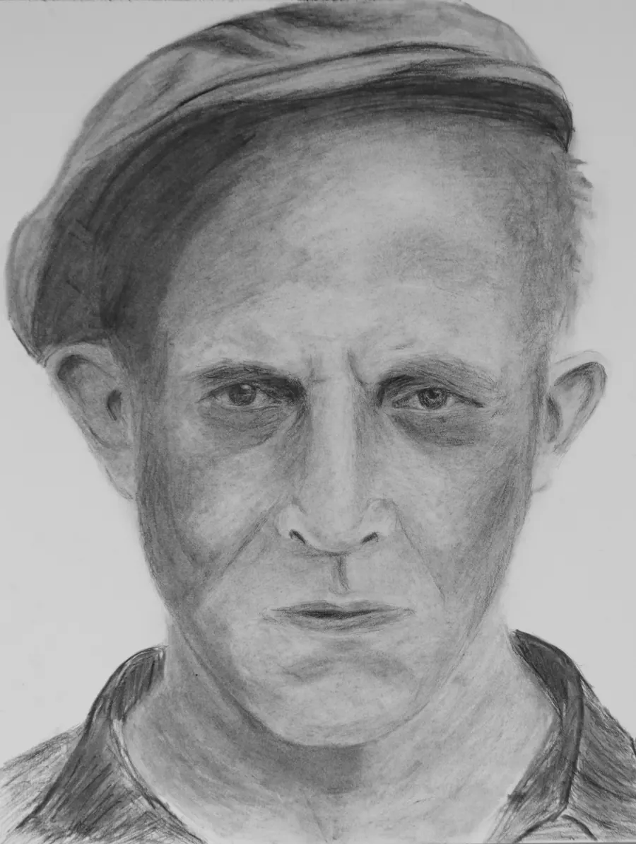 Charcoal portrait of a weathered man in a flat cap, looking directly out with a set jaw.