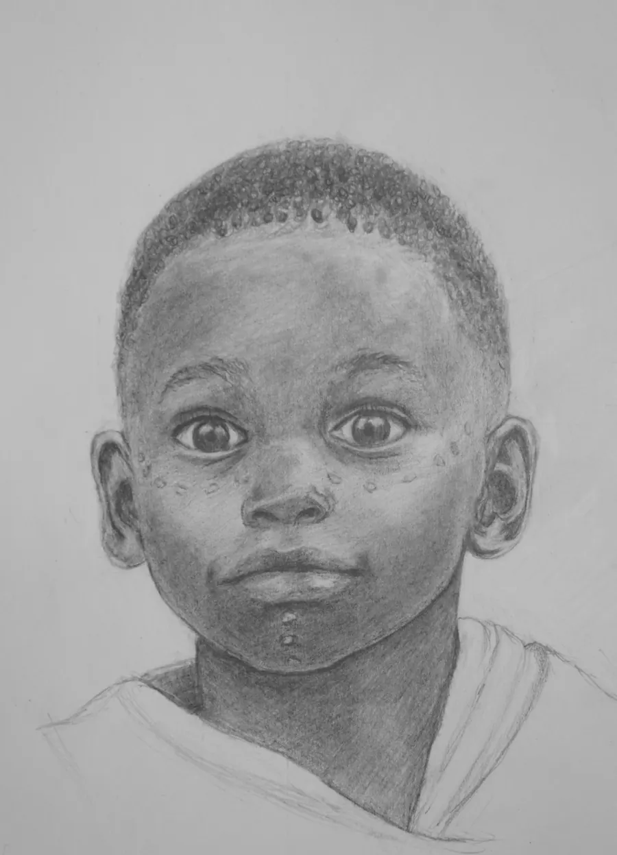 Graphite portrait of a young child with closely cropped hair and wide, steady eyes.