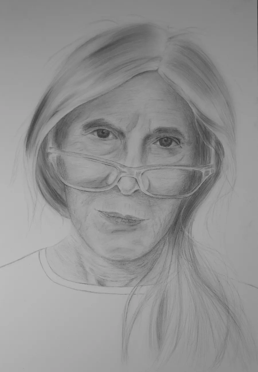 Graphite portrait of an older woman with long straight hair and oversized glasses pushed up her nose.