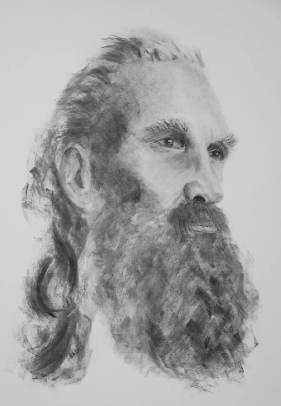 Charcoal and coloured pencil portrait of a man with a long full beard and hair swept back, turned three-quarters.