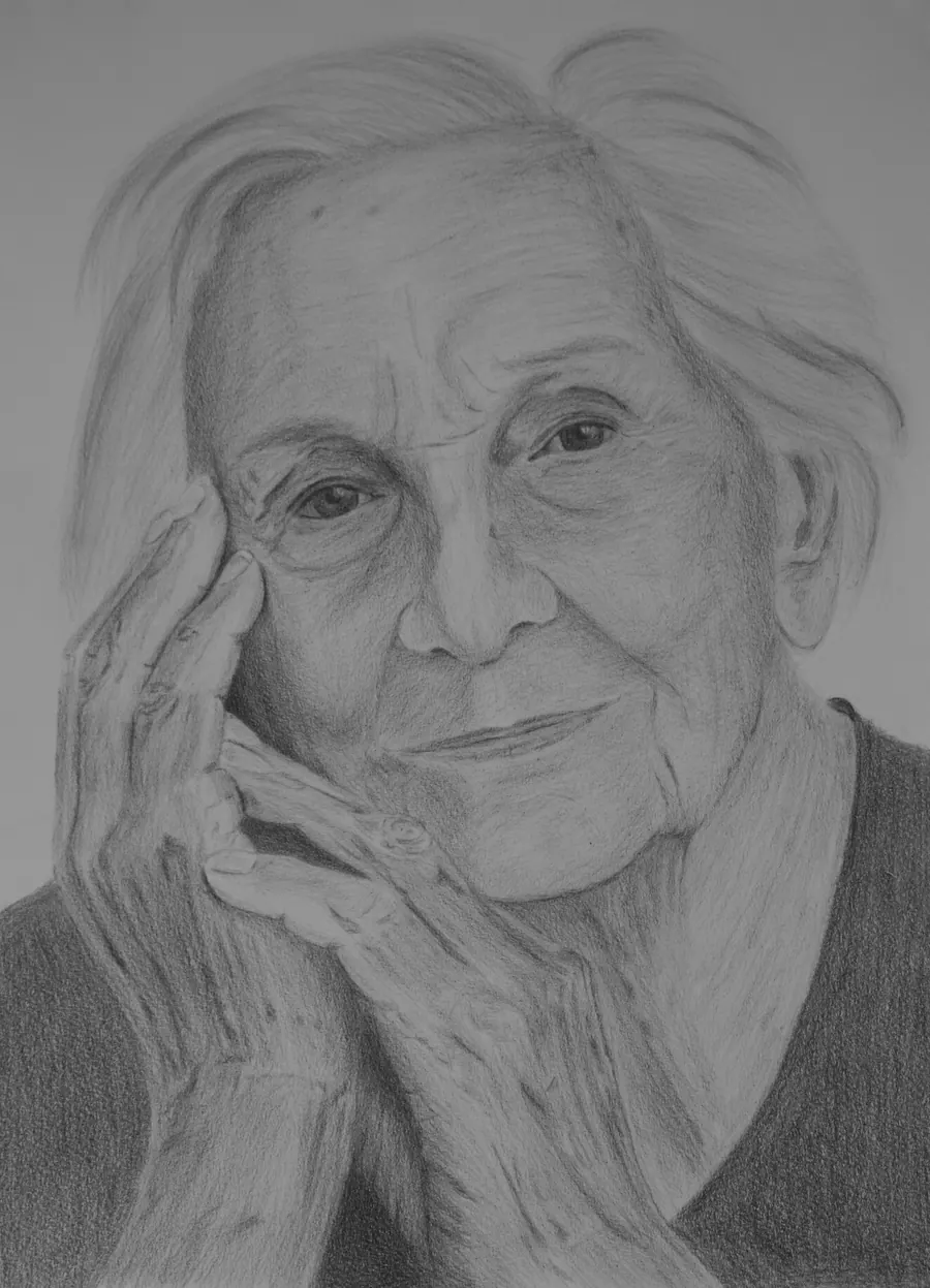 Charcoal and coloured pencil portrait of an elderly woman resting her chin and cheek on her folded hands.