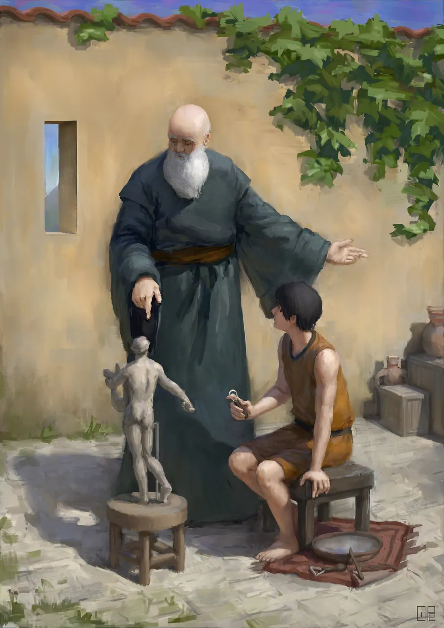 Digital painting of a robed, white-bearded elder gesturing toward a small clay figure while a seated young sculptor works on it, in a vine-covered courtyard scattered with pottery.