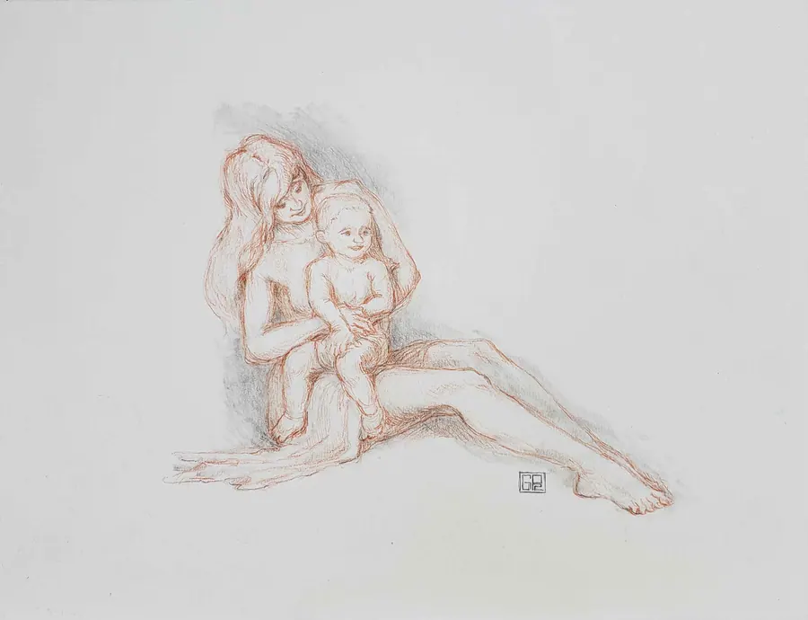 Loose red-chalk drawing of a reclining woman cradling an infant against her chest, drawn with open contour lines on white paper.