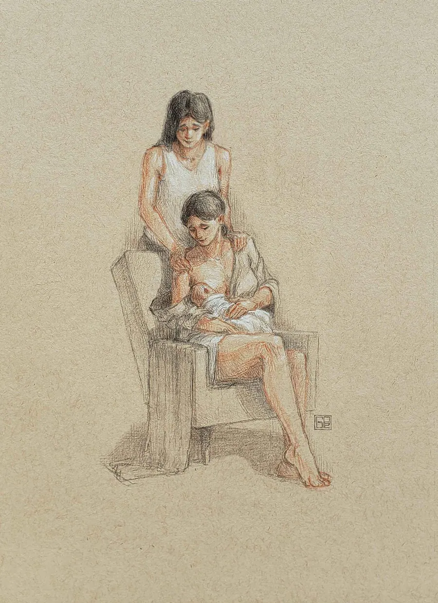 Drawing on tan toned paper of a woman seated in a chair holding a baby, with a second woman standing behind her, heightened with white chalk.