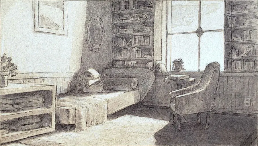 Pen and ink-wash interior of a consulting room, with a daybed and an armchair set against tall bookshelves and a bright window.