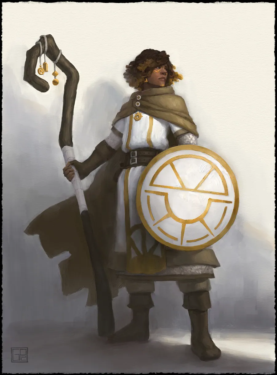 Digital character painting of an armored warrior in a hooded cloak, holding a sword low and a large round shield marked with a golden emblem.