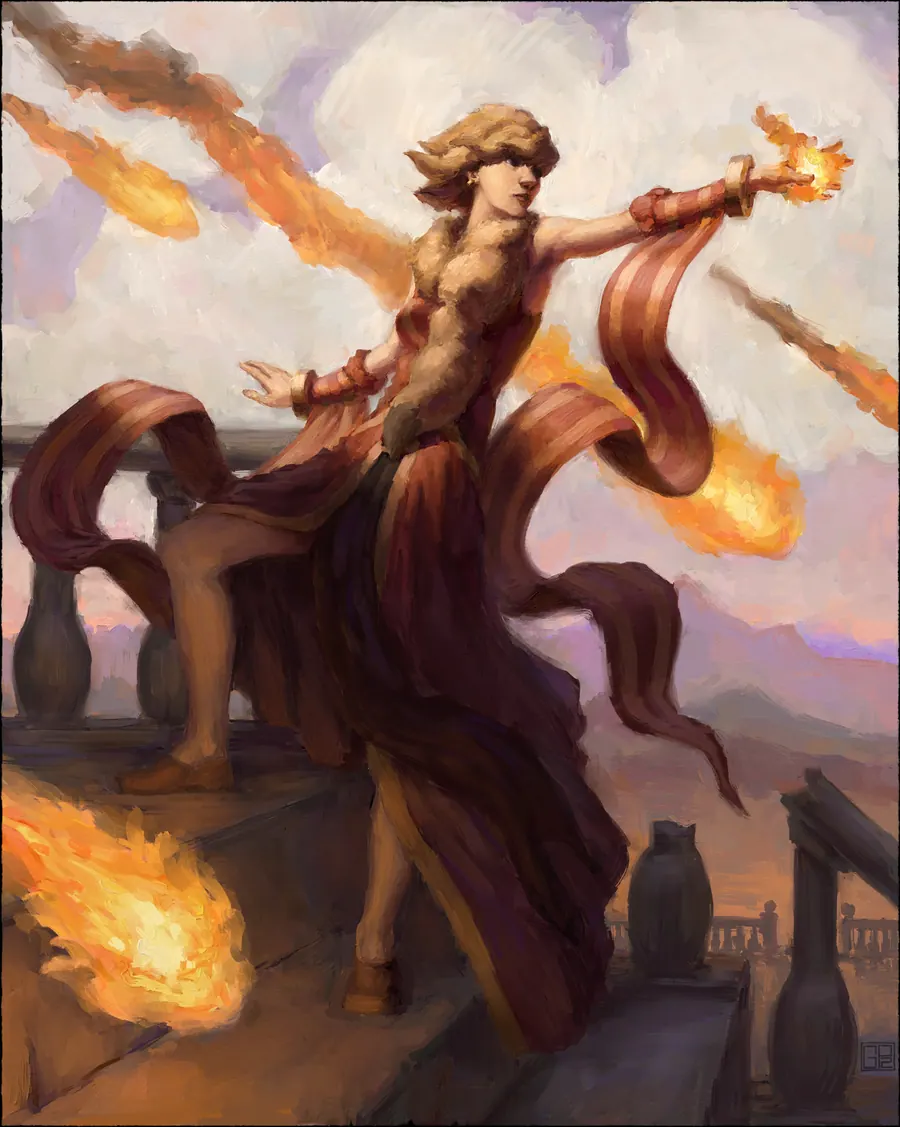 Digital painting of a woman in billowing crimson robes with arms flung wide, conjuring streaming fire across a stone terrace at dusk.