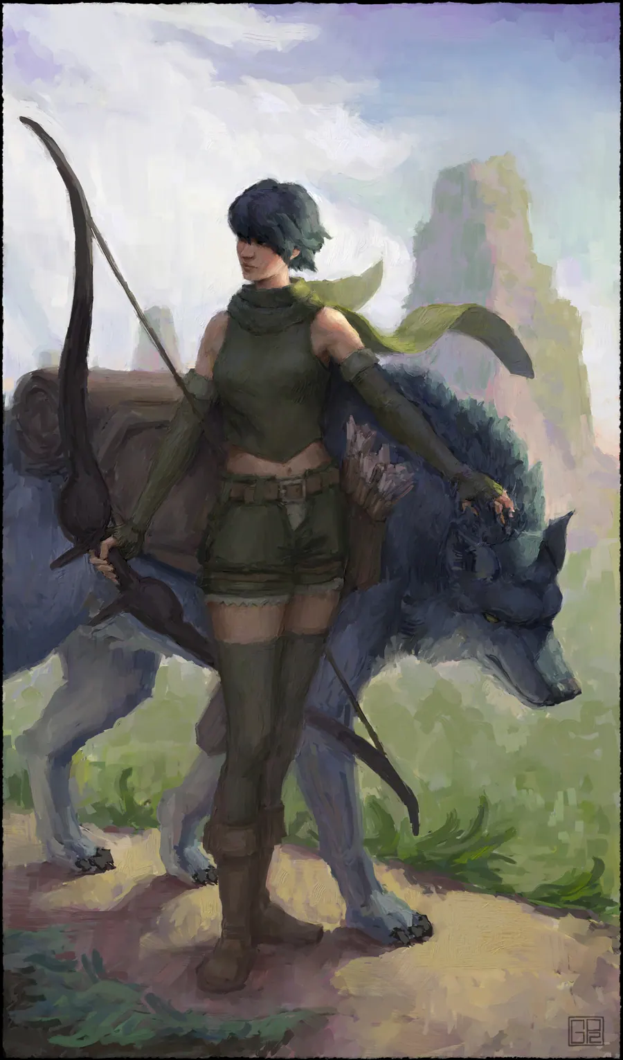 Digital painting of an archer in green leathers standing with a longbow beside a large dark wolf-like beast in a rocky landscape.