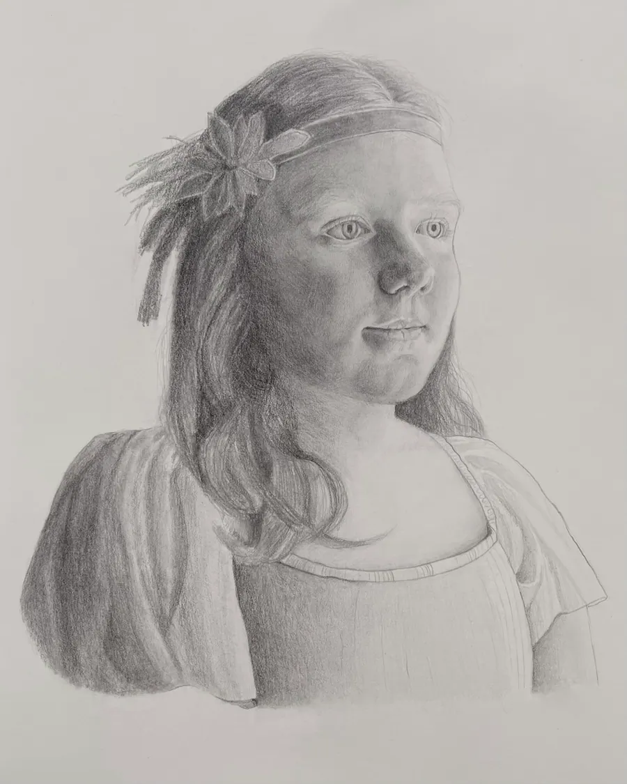 Graphite portrait of a young girl in a flower headband and off-the-shoulder costume, looking calmly to one side.