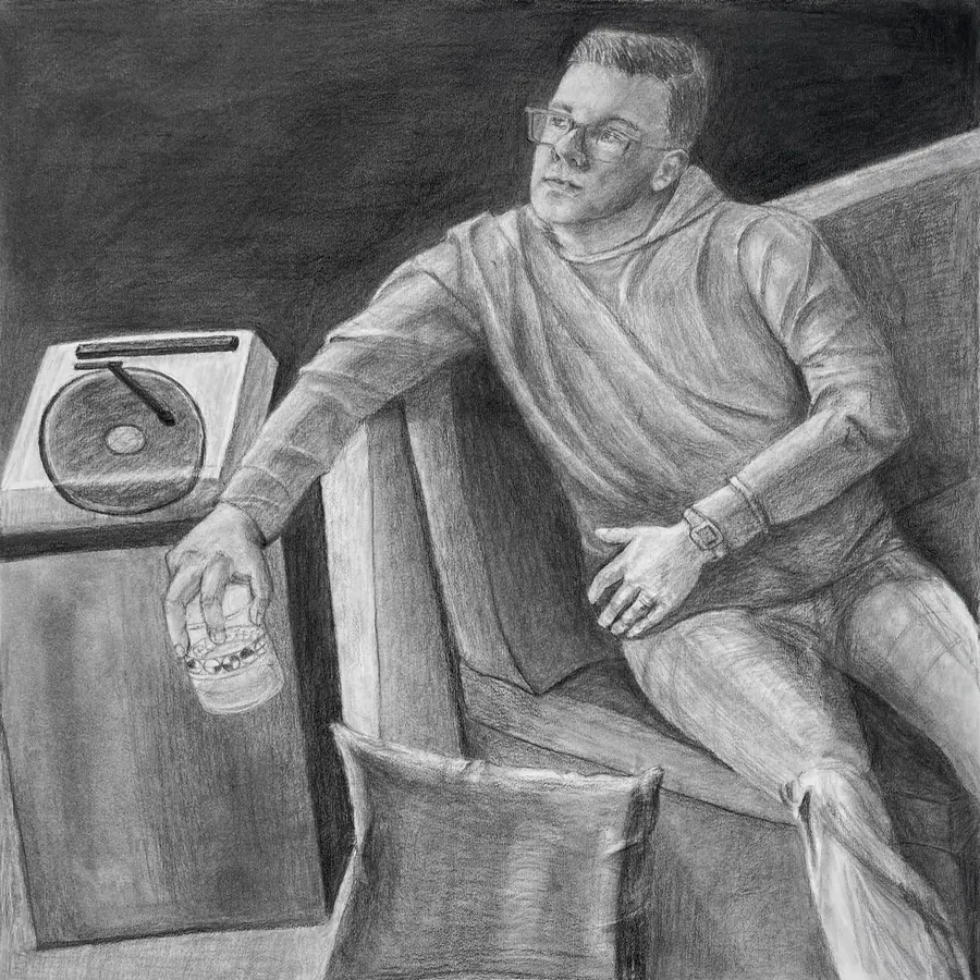 Charcoal drawing of a man in glasses sprawled back on a couch, one arm reaching down to a record player on the floor.