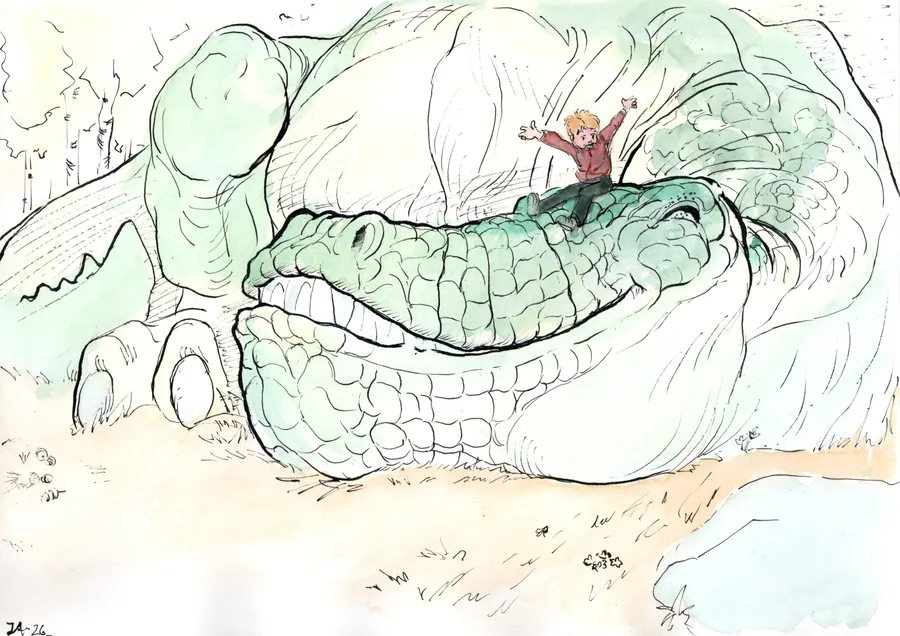 Pen and watercolour drawing of a small child perched cheerfully on the snout of an enormous green crocodilian creature lying on a beach.