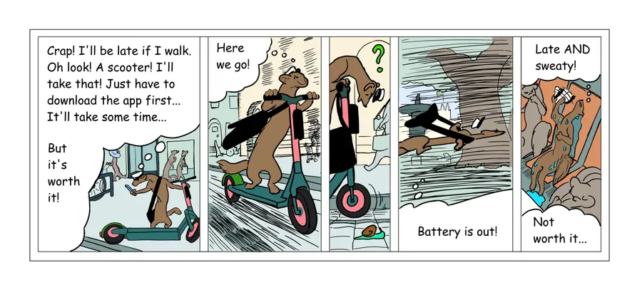 Digital comic strip in which a character rides a rented scooter to avoid being late, only for the battery to die mid-journey.