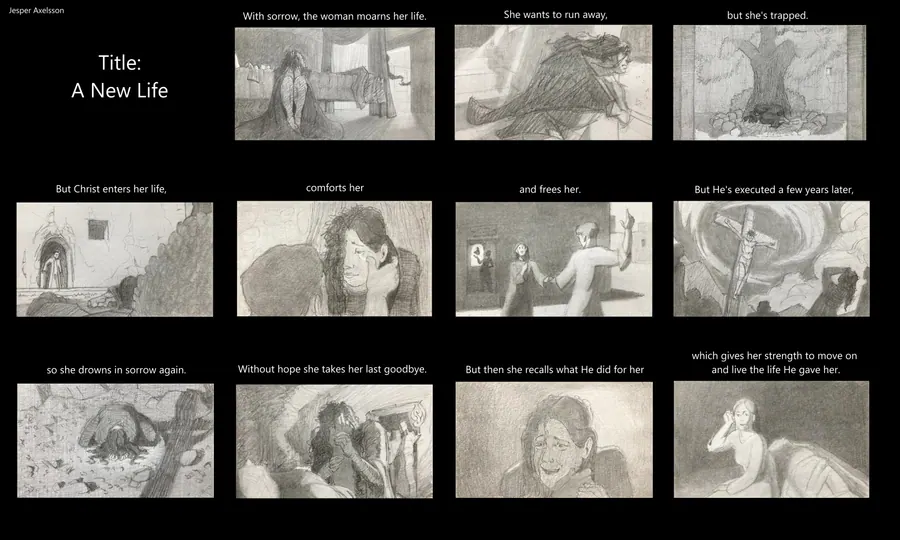 Graphite storyboard sheet titled A New Life, twelve tonal panels following a figure through a bleak landscape toward an encounter.