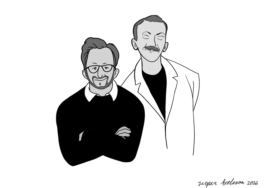 Digital line caricature of two men side by side, one with folded arms in a dark sweater, the other in a white coat.