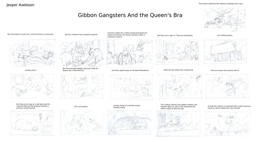 Graphite storyboard sheet of loosely drawn panels laying out a caper sequence, each with handwritten action notes beneath.