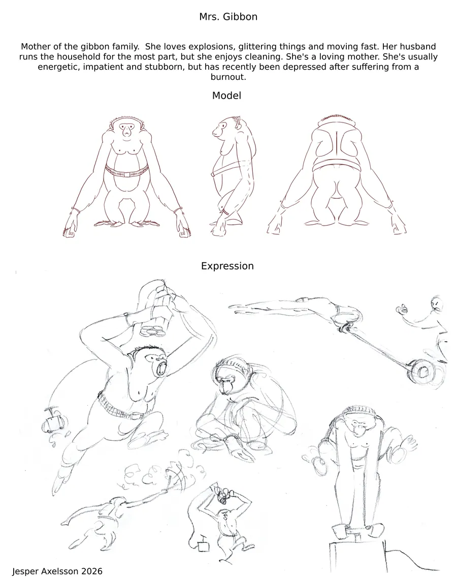 Character model sheet for Mrs Gibbon: front, side, and back turnarounds above a page of expression and action studies.