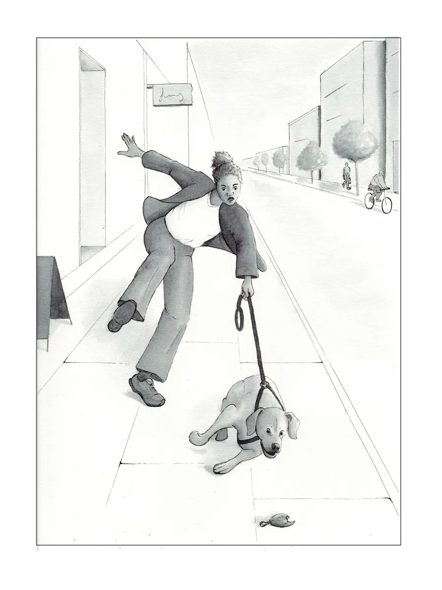 Ink drawing of a person yanked sideways on a city sidewalk as their small dog lunges at a scrap of dropped food.