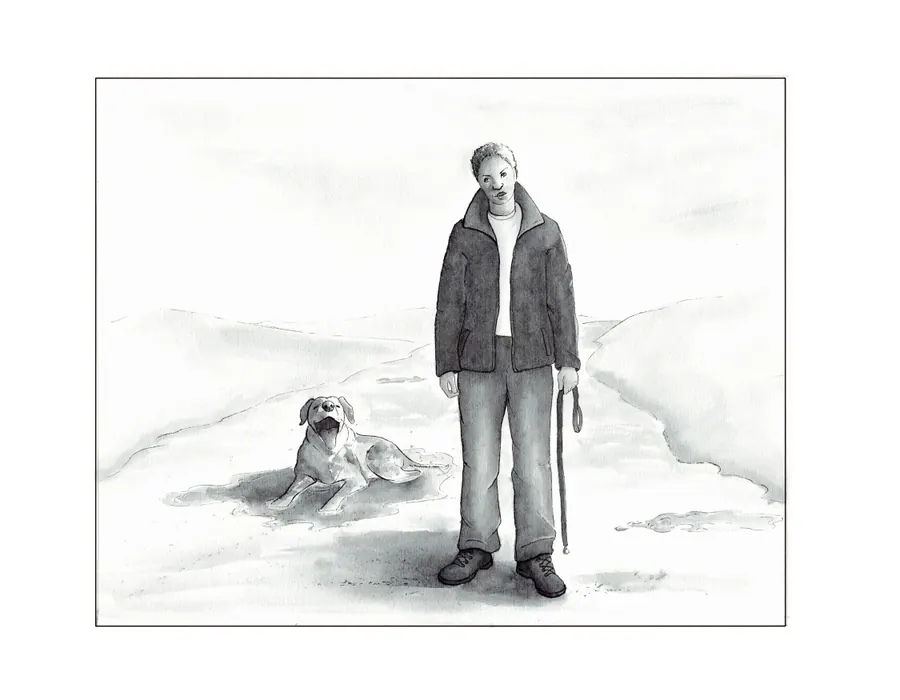 Ink wash drawing of a person standing with hands in pockets, looking down at their dog lying contentedly in a muddy puddle.