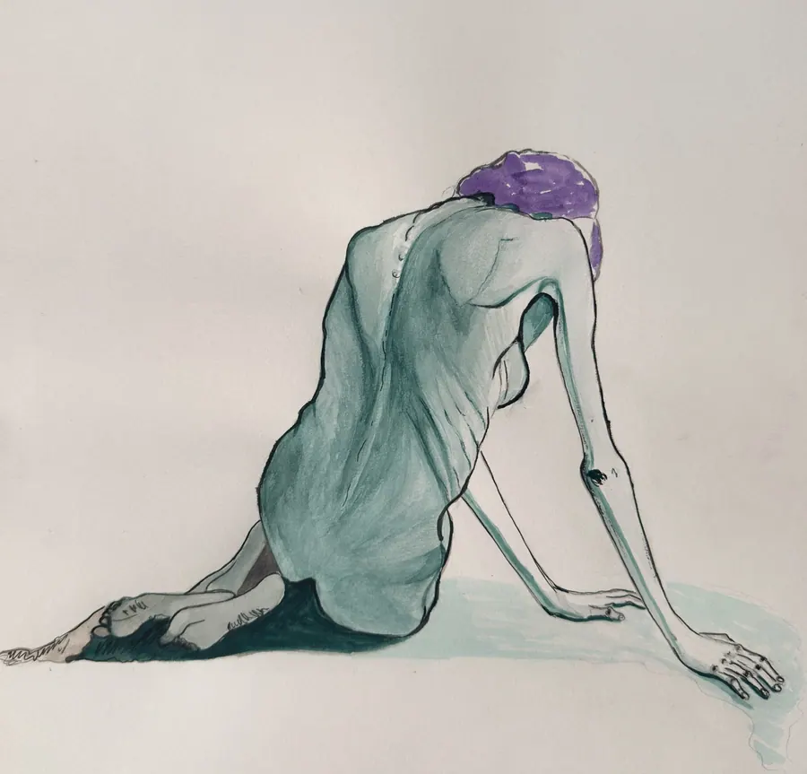 Watercolour of a figure in a teal dress with purple-wrapped hair, crouched low with one arm braced on the ground, seen from behind.