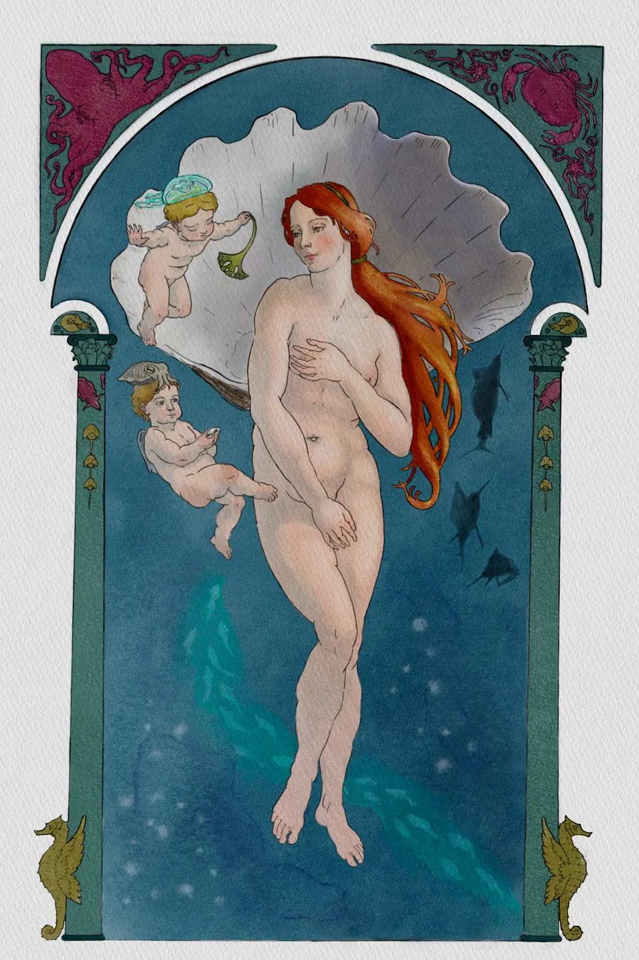 Art Nouveau arched panel of a red-haired Venus standing in dark water, flanked by a cherub above and carved seahorses at the base.
