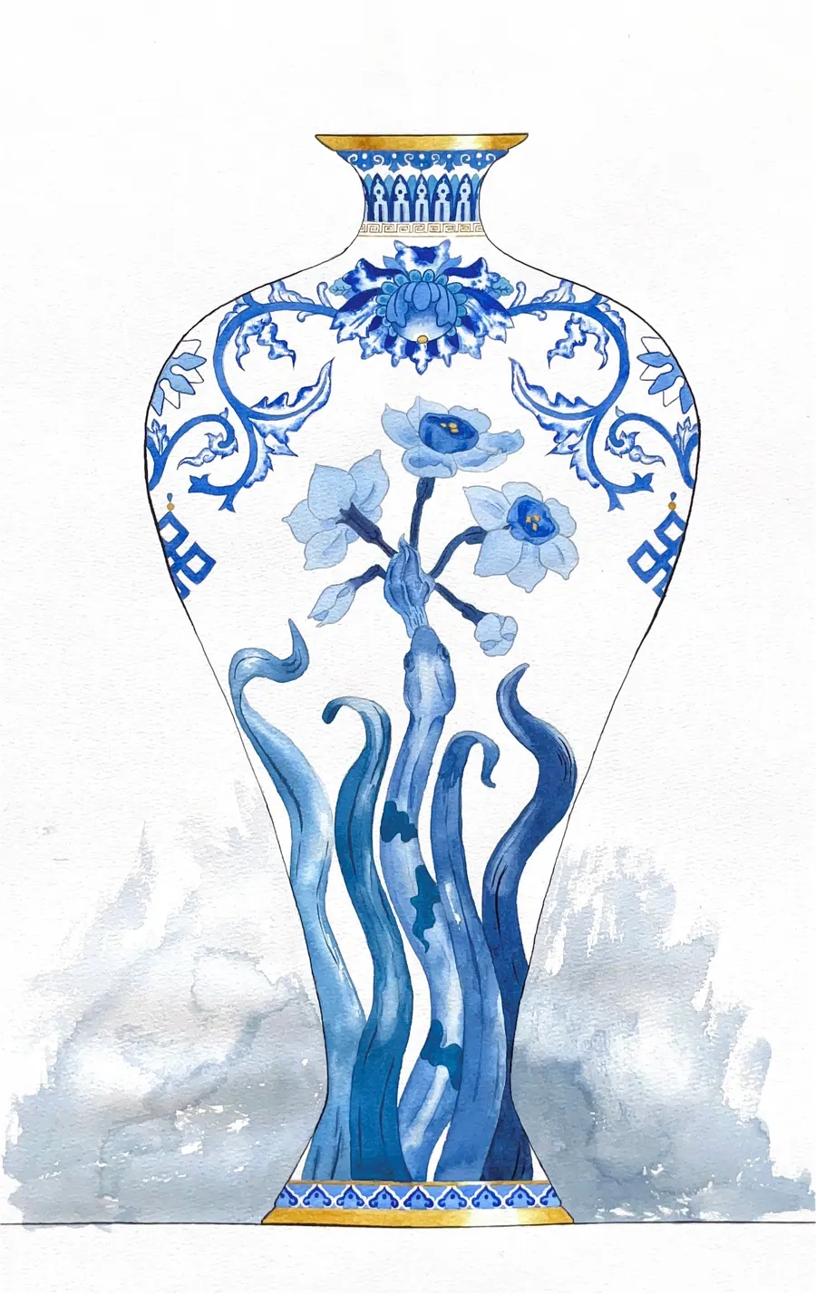 Watercolour and ink painting of a blue and white porcelain vase, its body wound with stylised flowers and serpent forms.