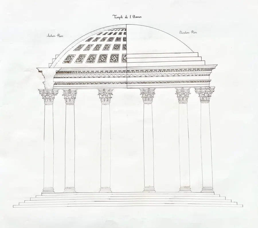 Dip pen architectural elevation of a domed classical temple raised on steps, with a colonnade of Corinthian columns and a coffered dome.