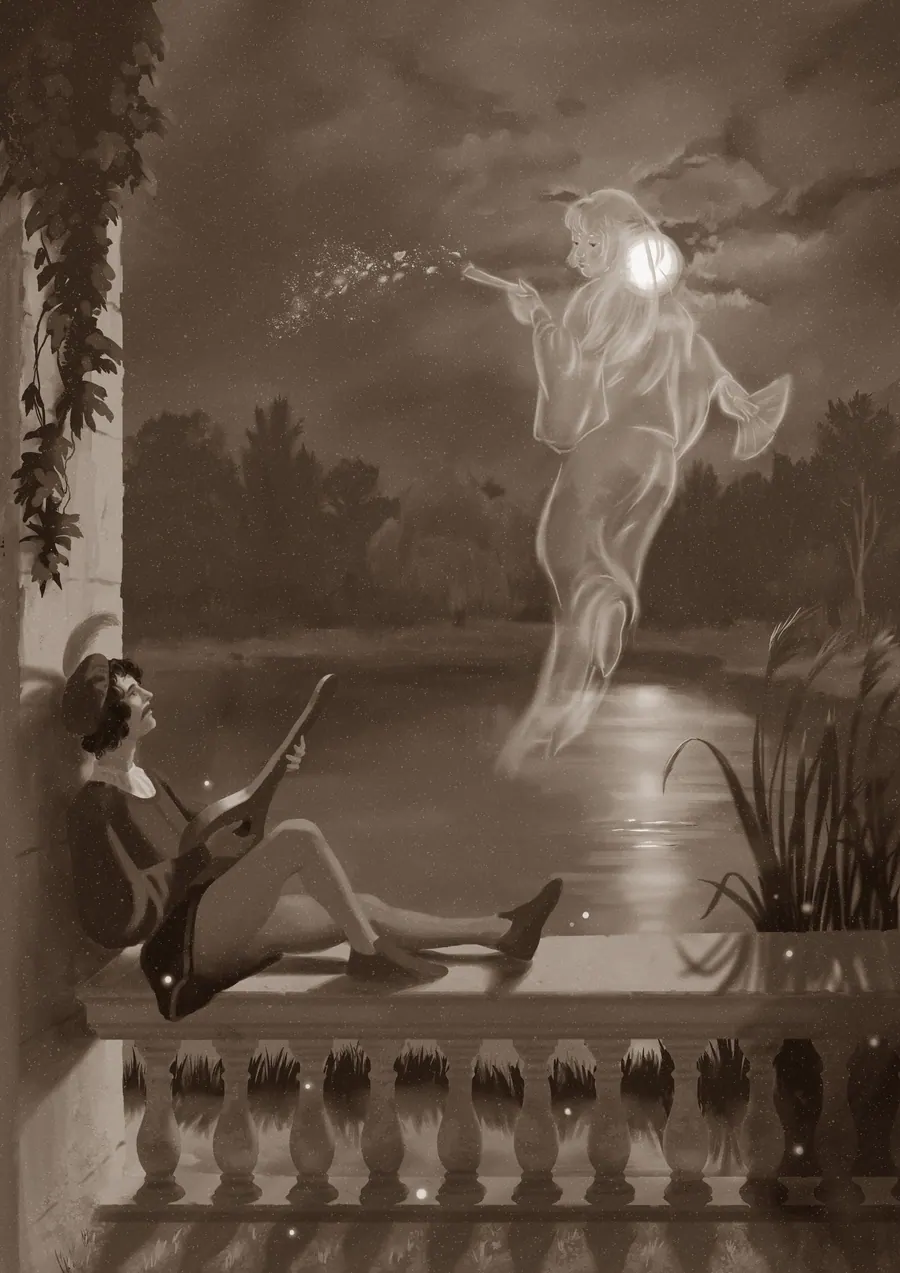 Sepia digital night scene of a woman reclining on a stone balustrade, watching a luminous spirit figure rise from moonlit water.