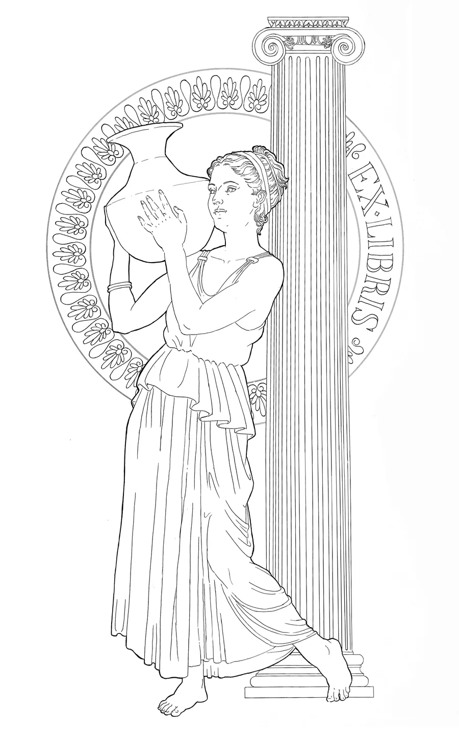Fine ink line drawing of a draped woman leaning against a fluted Ionic column, set inside a circular lettered border.