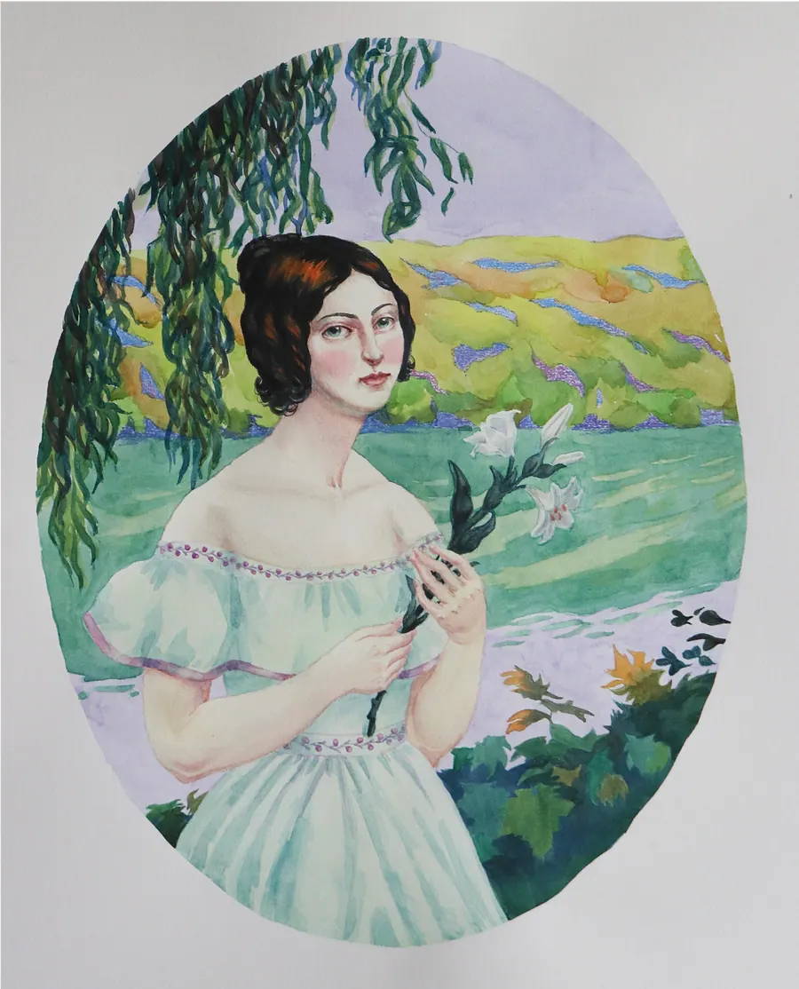 Oval watercolour portrait of a dark-haired woman in a pale green off-the-shoulder dress holding lilies, with a willow and open landscape behind.