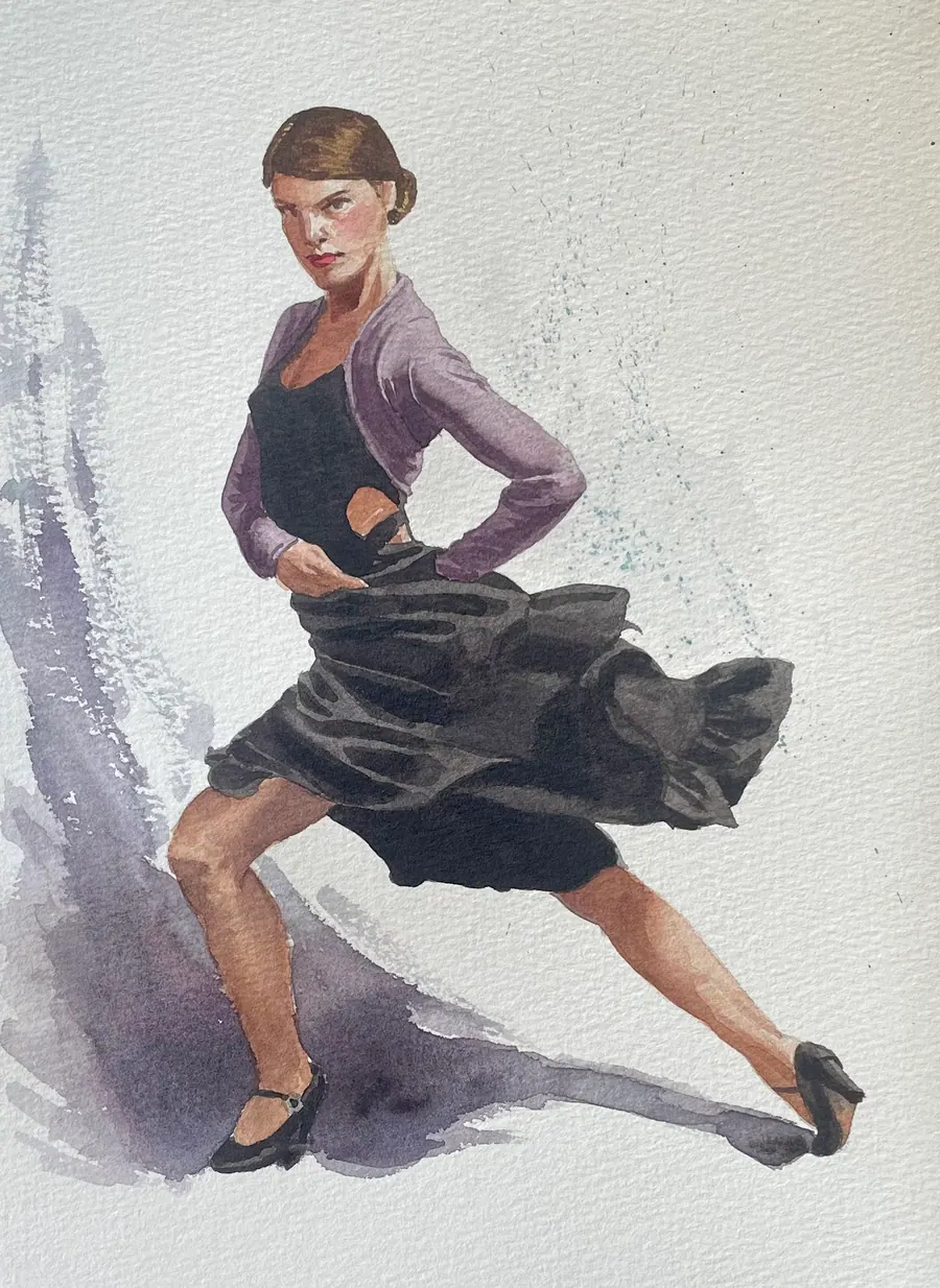 Watercolour of a woman caught mid-step in a dance, her dark skirt swinging wide against a pale washed ground.